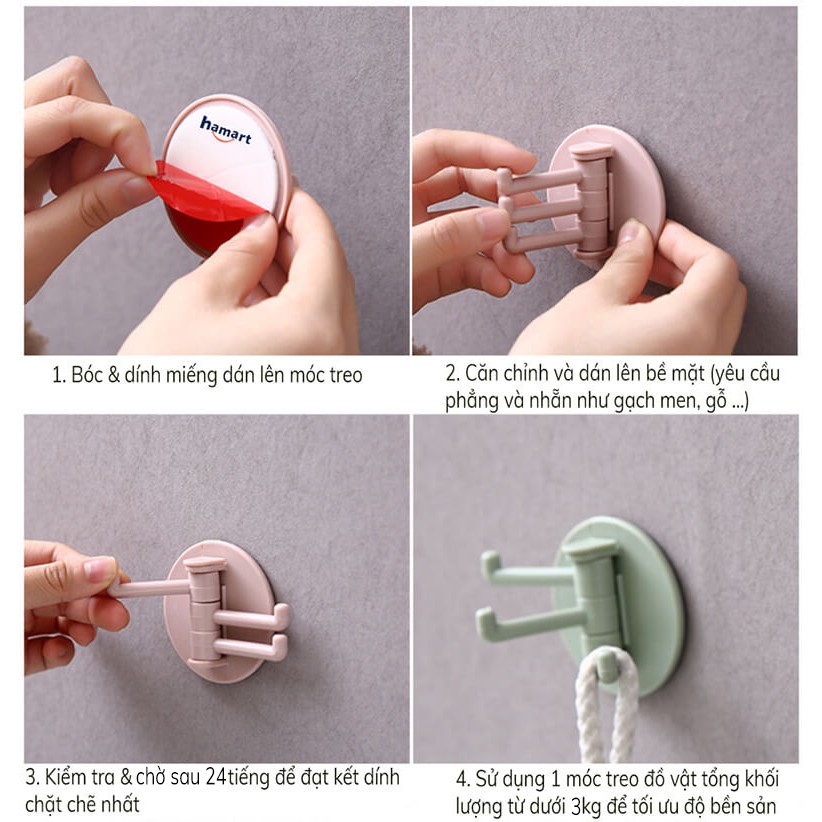 Móc Nhựa Dán Tường 3 Móc Kèm 1 Miếng Dính Tường Xoay 180º Treo Đồ Đa Năng Tiện Lợi