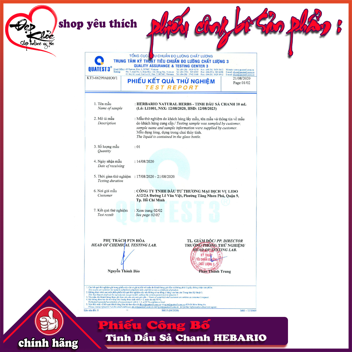 [HCM]Tinh Dầu Sả Chanh HEBARIO Nguyên Chất ( 10ml )