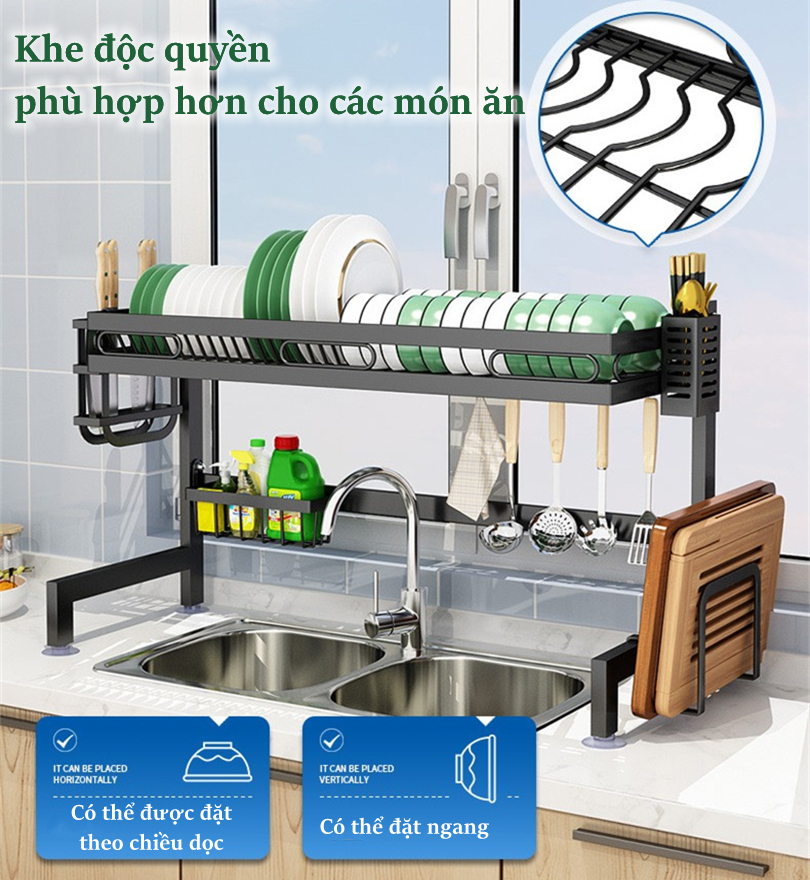 GSlife kệ chén bát 1/2 tầng Thép Carbon kệ bếp đa năng trên bồn rửa Kệ chén đĩa chống han gỉ Giá Để Đồ Chén Đĩa Trên Bồn Rửa Bát Sơn Đen Cao