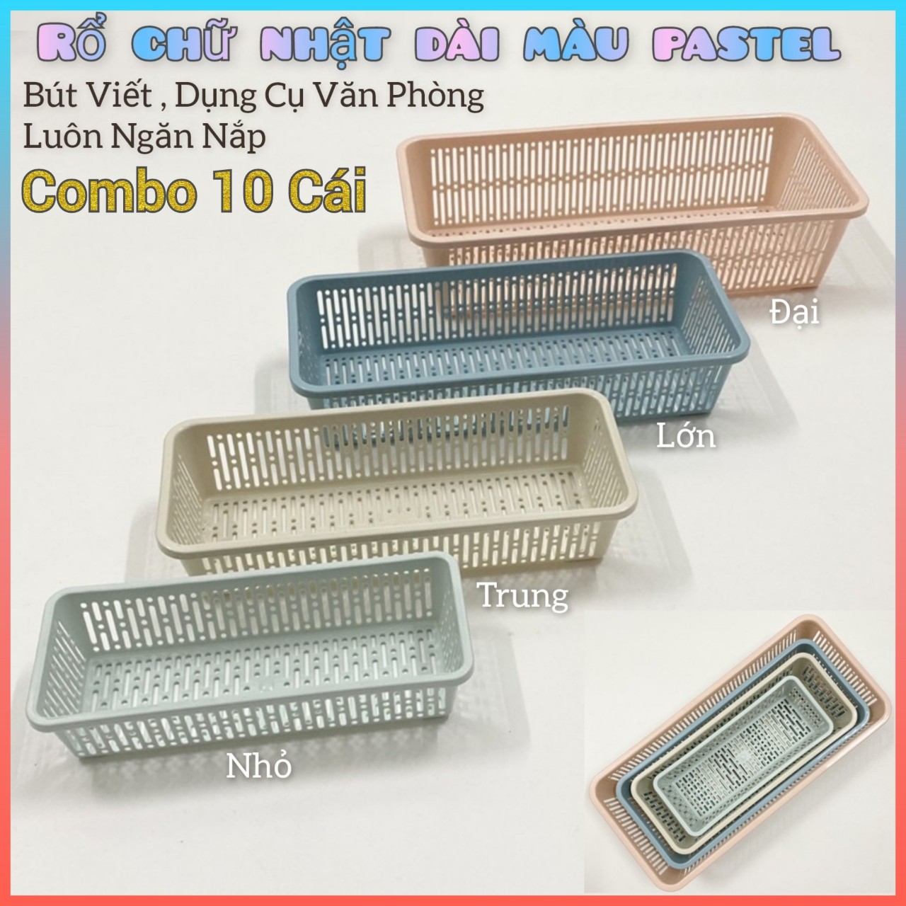 Combo 10 rổ nhựa chữ nhật dài màu pastel hàn quốc đựng bút viết, đồ linh tinh ,chia vật dụng