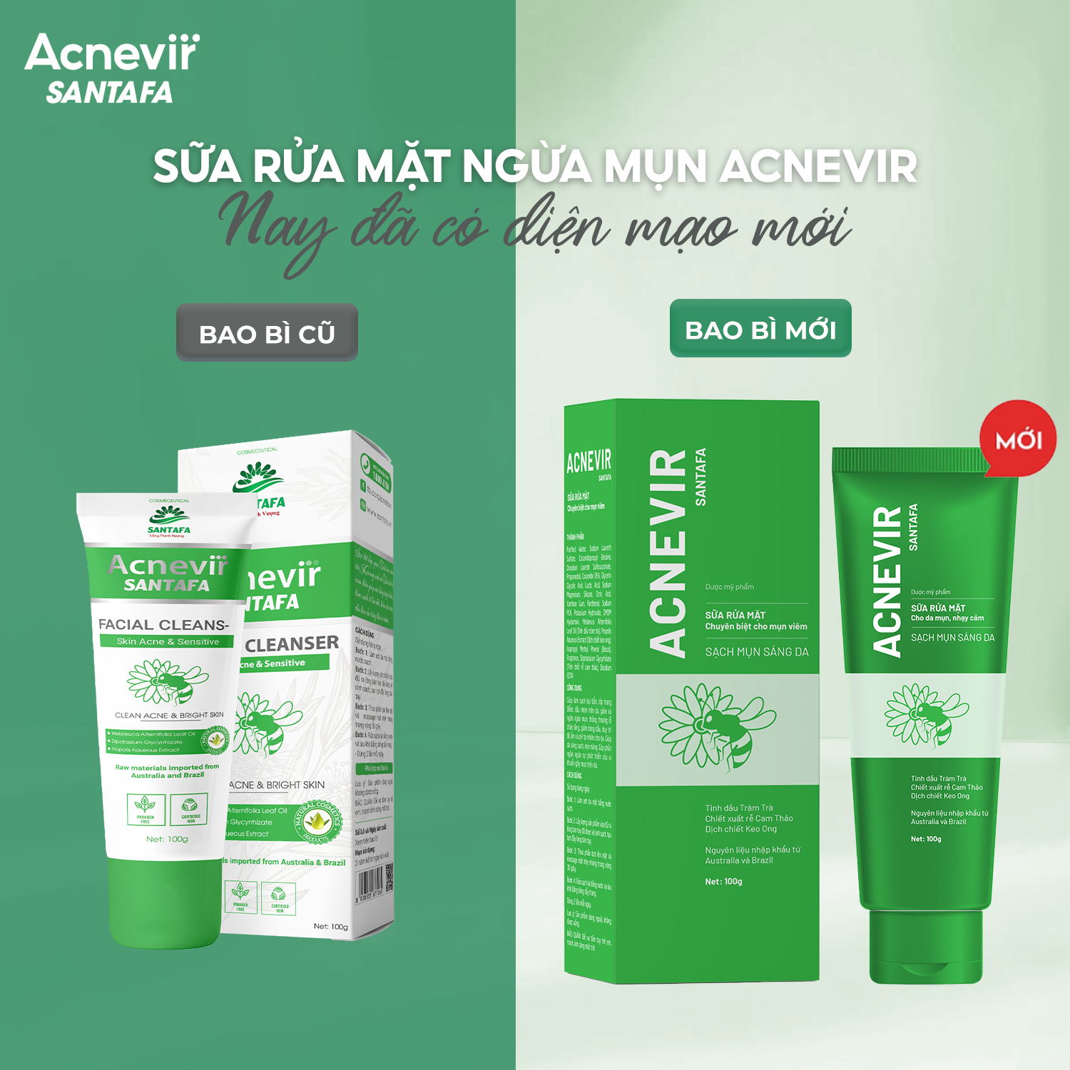 Combo Giảm Mụn Bọc, Mụn Mủ, Mụn Trứng Cá Acnevir Santafa (Sữa Rửa Mặt 100gr Và Tuýp Kem Ngừa Mụn 10gr)