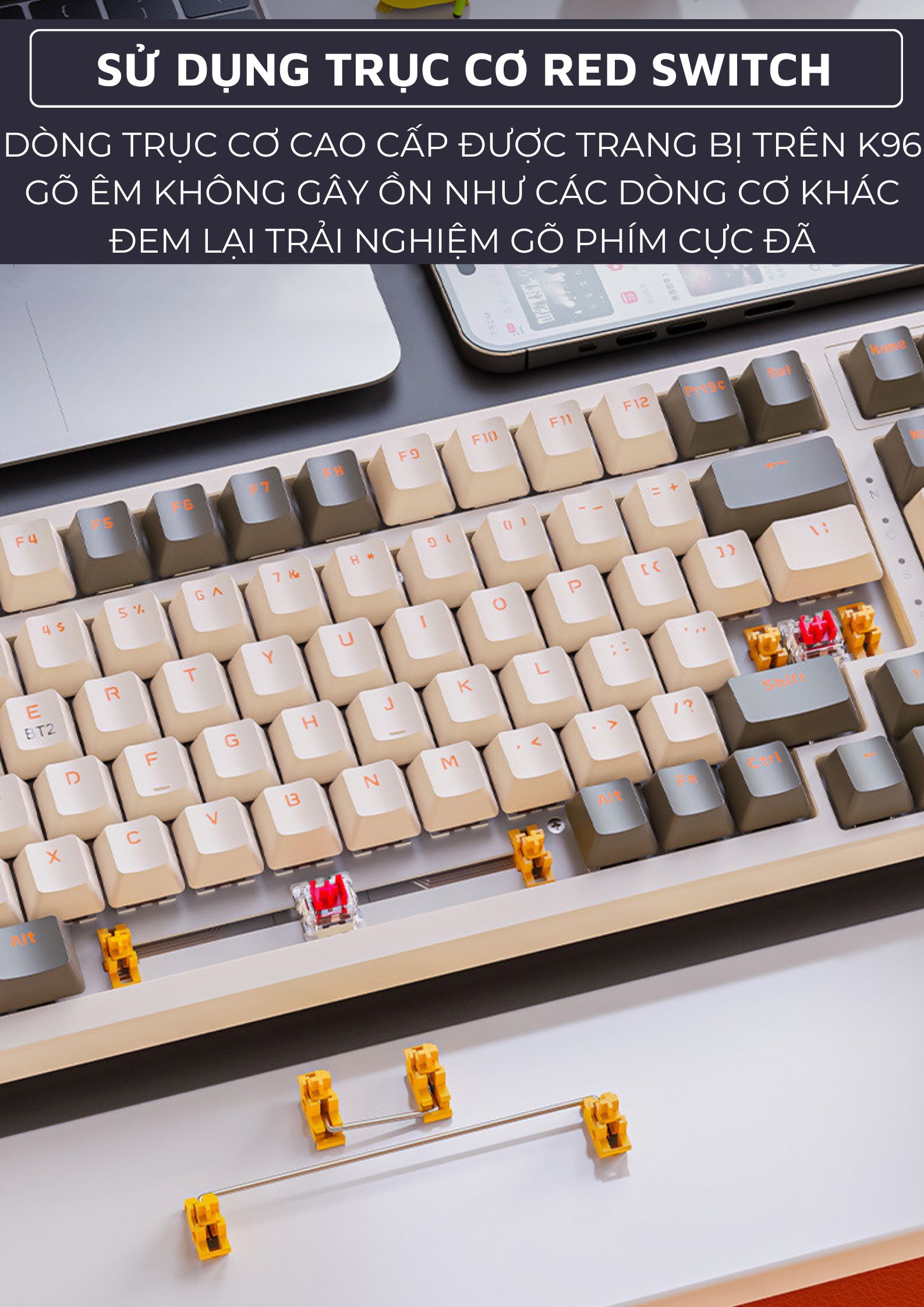 Bàn Phím Cơ Bluetooth Không Dây K96BT Cao Cấp Có HOTSWAP Lót Foam Tiêu Âm, Trục Red Switch