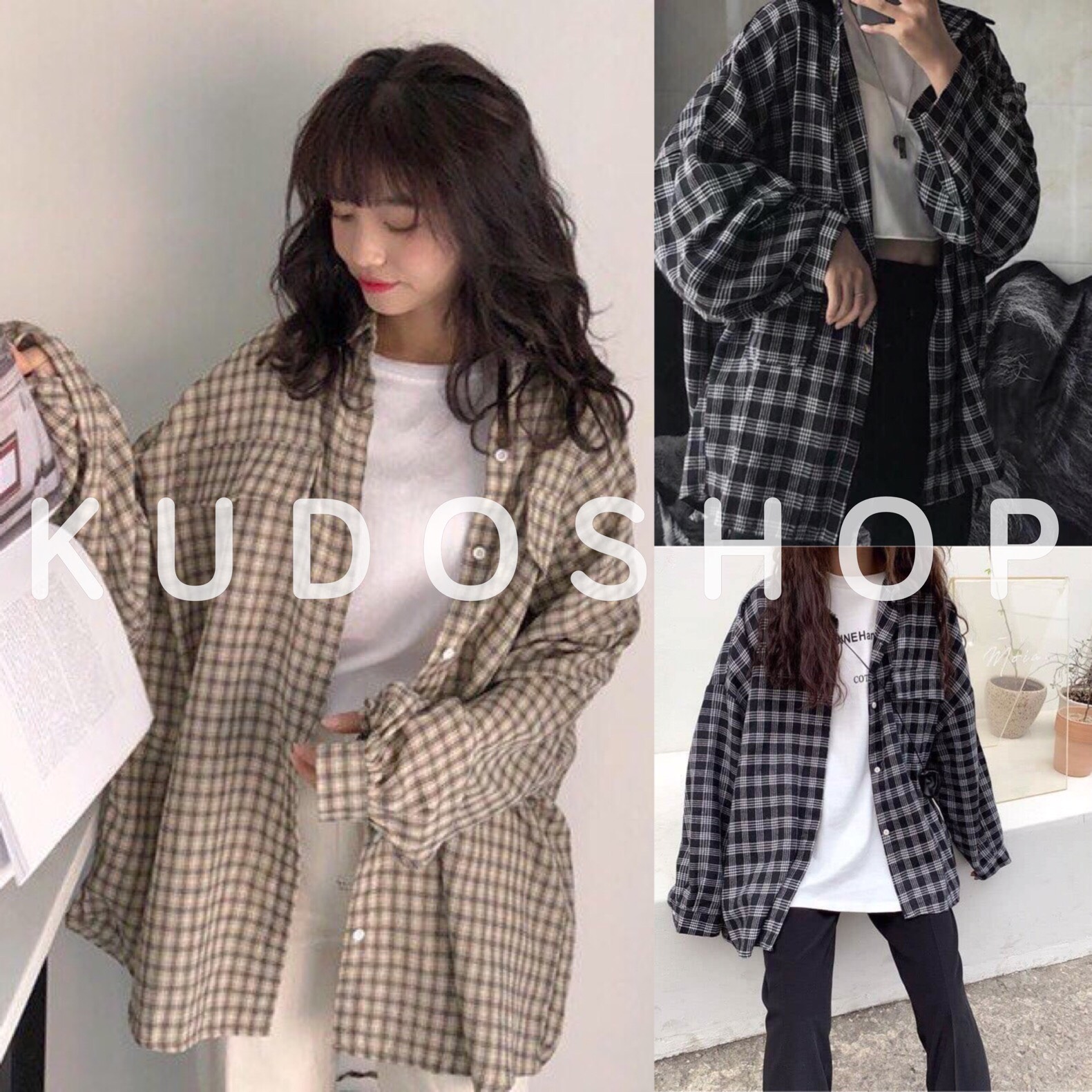 Áo sơ mi caro tay phồng dáng rộng phong cách ulzzang/ Áo sơ mi dài tay thời trang nam nữ - kudoshop