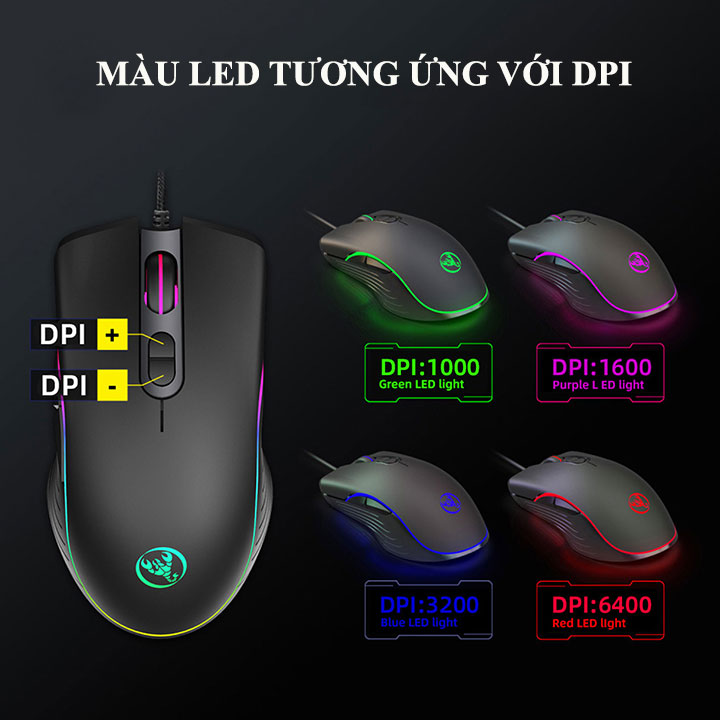Chuột chơi game HXSJ A867 ,hiệu ứng ánh sáng 7 màu , DPI 4 cấp độ phù hợp cho game thủ và văn phòng- HÀNG CHÍNH HÃNG BẢO HÀNH 12 THÁNG