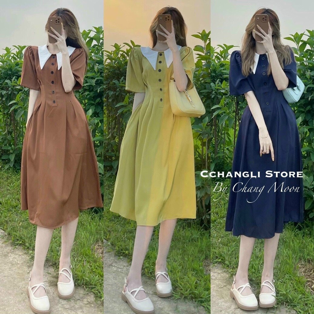 [FREESHIP MAX + HOÀN TIỀN MAX 15%] Đầm Vintage Cổ Bèo Phối Nút Nhẹ Nhàng