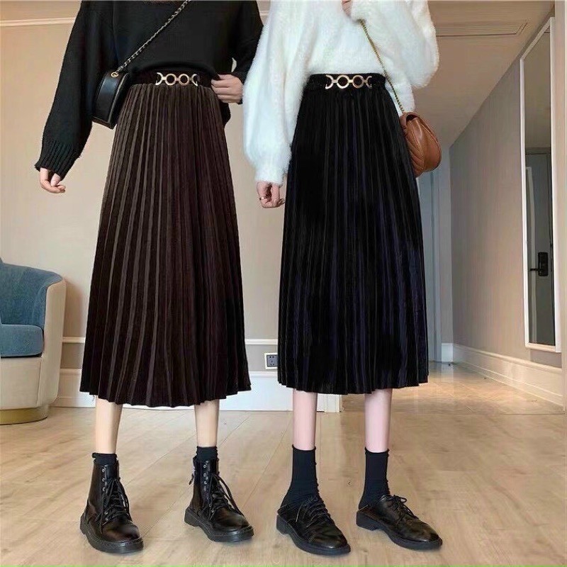Chân váy nhung xoè dáng dài Qc đai xích