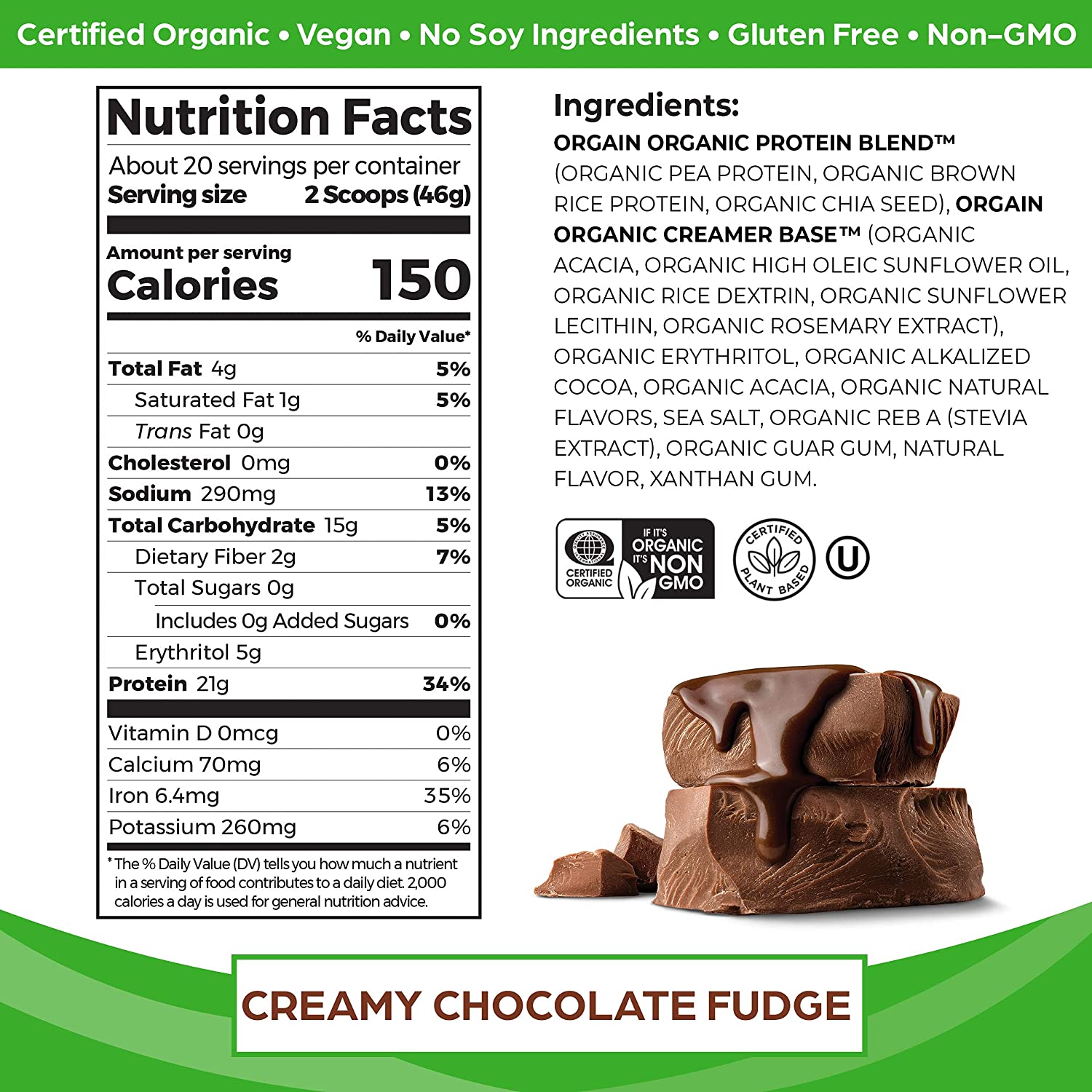 Orgain Organic Plant Based Protein Powder, 20 servings