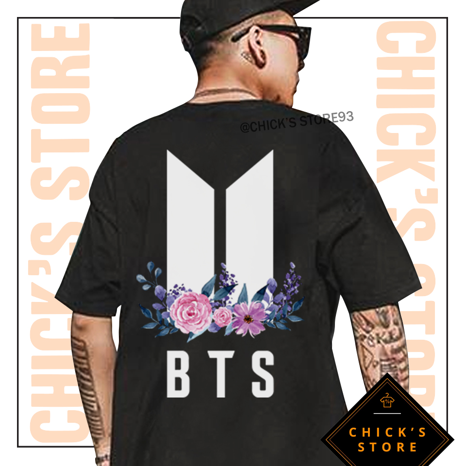 Áo thun tay lỡ BTS phối hoa (Màu đen) - Áo thun Kpop