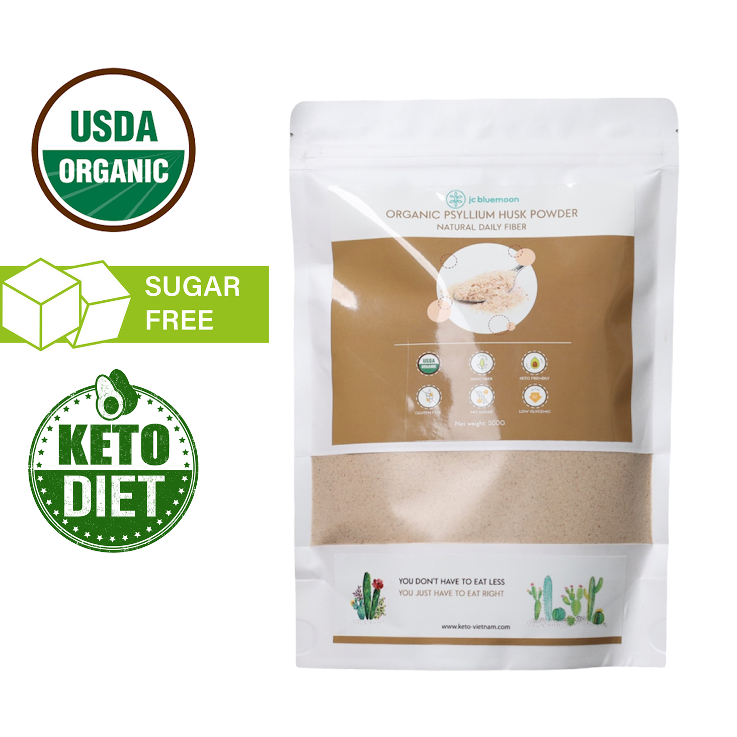 HCM200G Bột vỏ hạt mã đề hữu cơ Keto JC BLUEMOON Organic Psyllium Husk