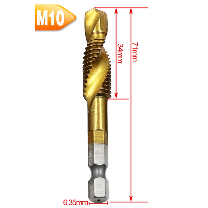 Set 6. Drill Bits, Taro M3-M10, Used for Fast Drilling of Threaded Holes. Material: Hss Steel, Heat-Resistant Gold Titanium Coating. Tn655
