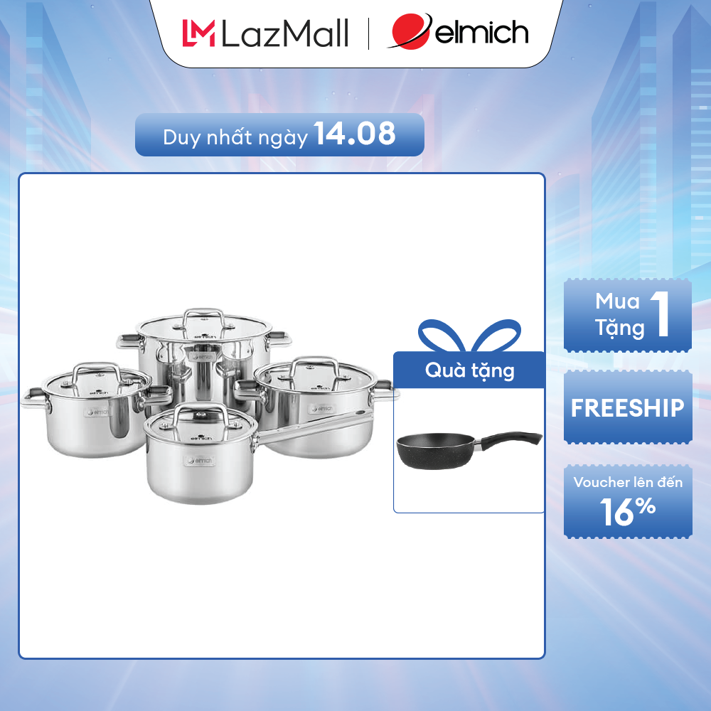 Bộ nồi inox liền khối elmich trimax eco el-8005 size 18, 20, 26, quánh 16cm