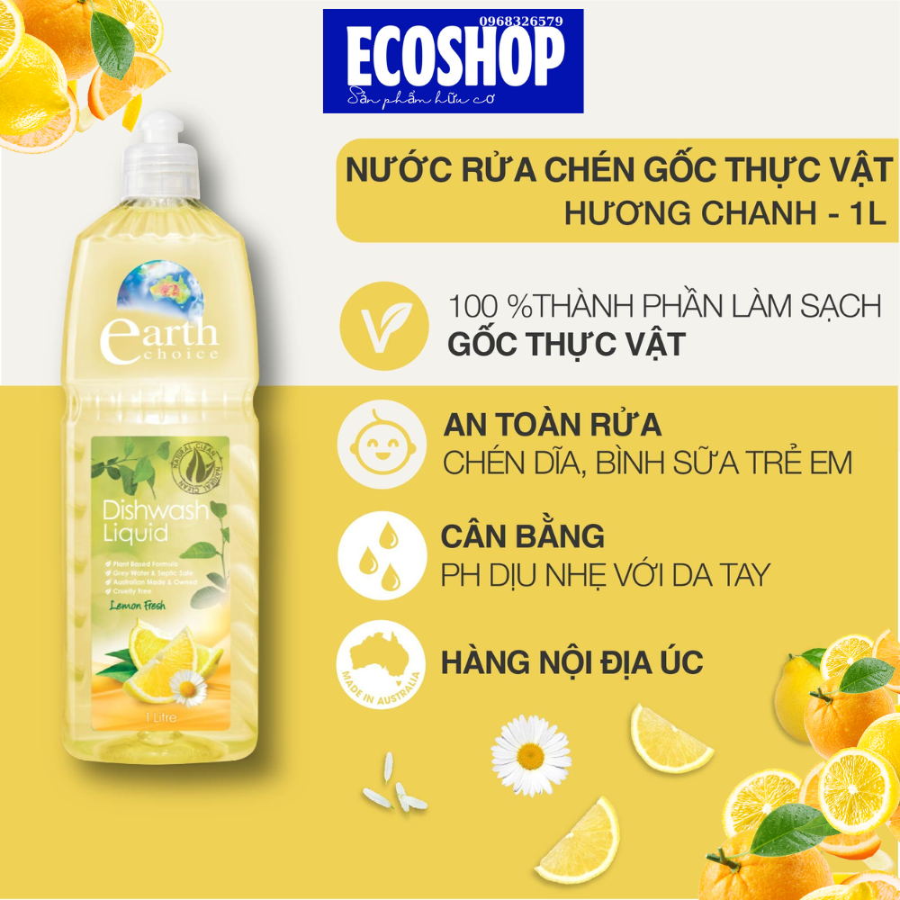 Nước rửa chén bát đậm đặc hữu cơ Earth Choice - 1 Lít - NK Úc