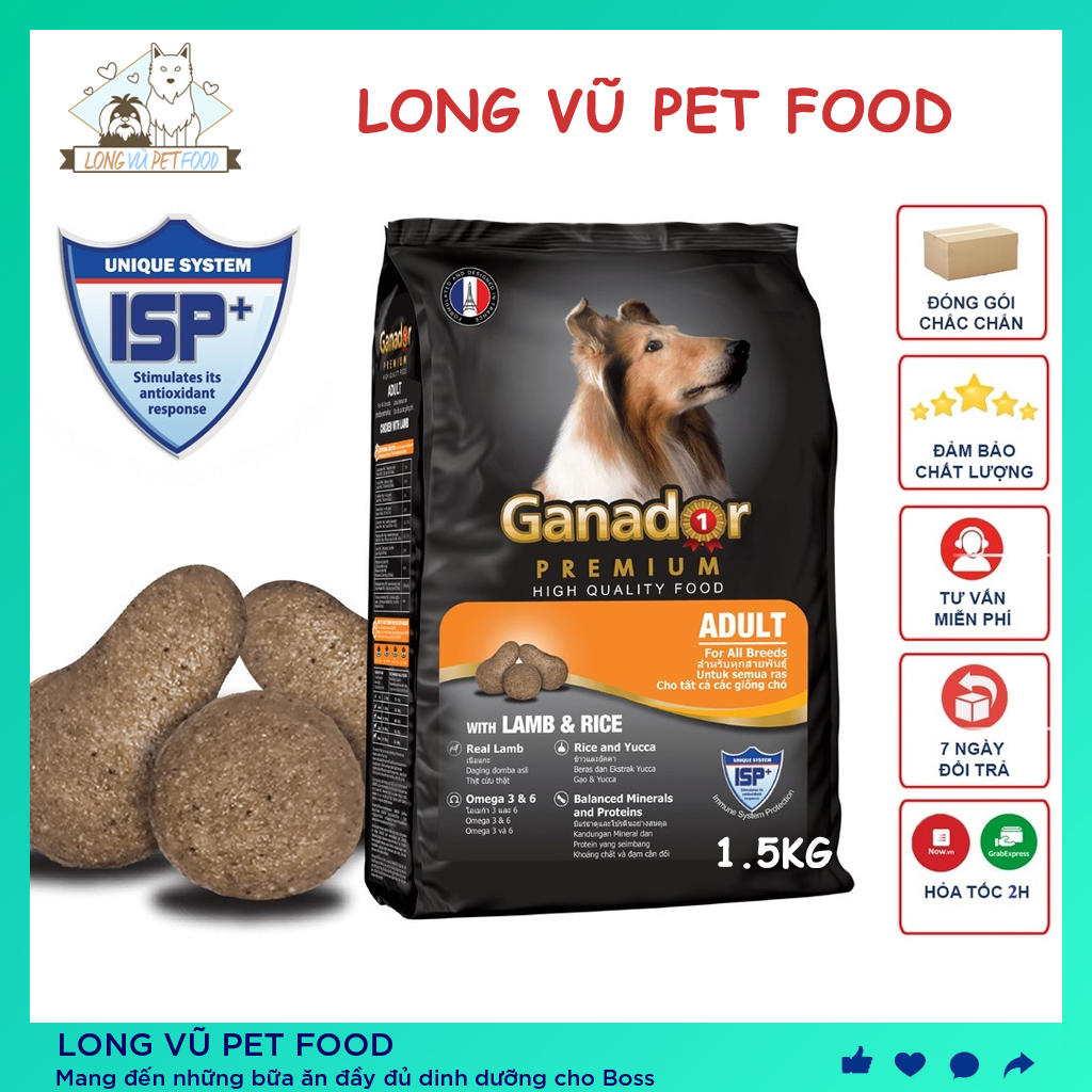 Thức ăn cho chó lớn Ganador Adult gói 1.5kg vị Cừu và Gạo - Hạt cho chó trưởng thành trên 1 tuổi - Long Vũ Pet Food