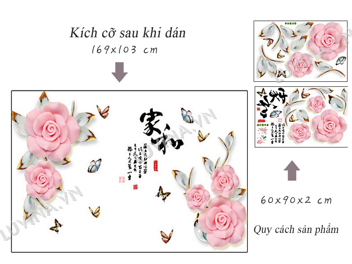 DECAL DÁN TƯỜNG HOA HỒNG BABY 3D