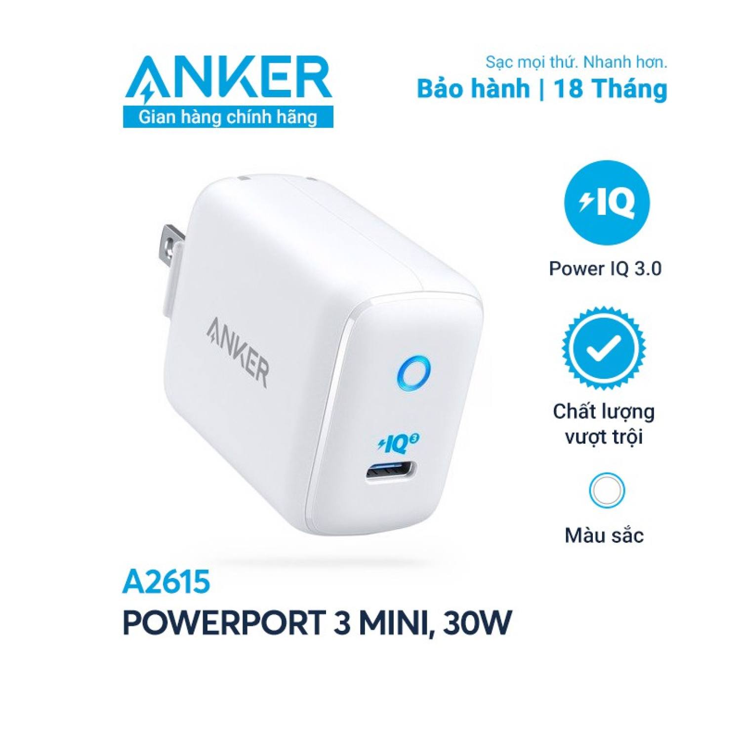 Sạc Anker PowerPort III mini 30W (1 PIQ 3.0) - A2615 Bảo hành 18 Tháng Anker Việt Nam