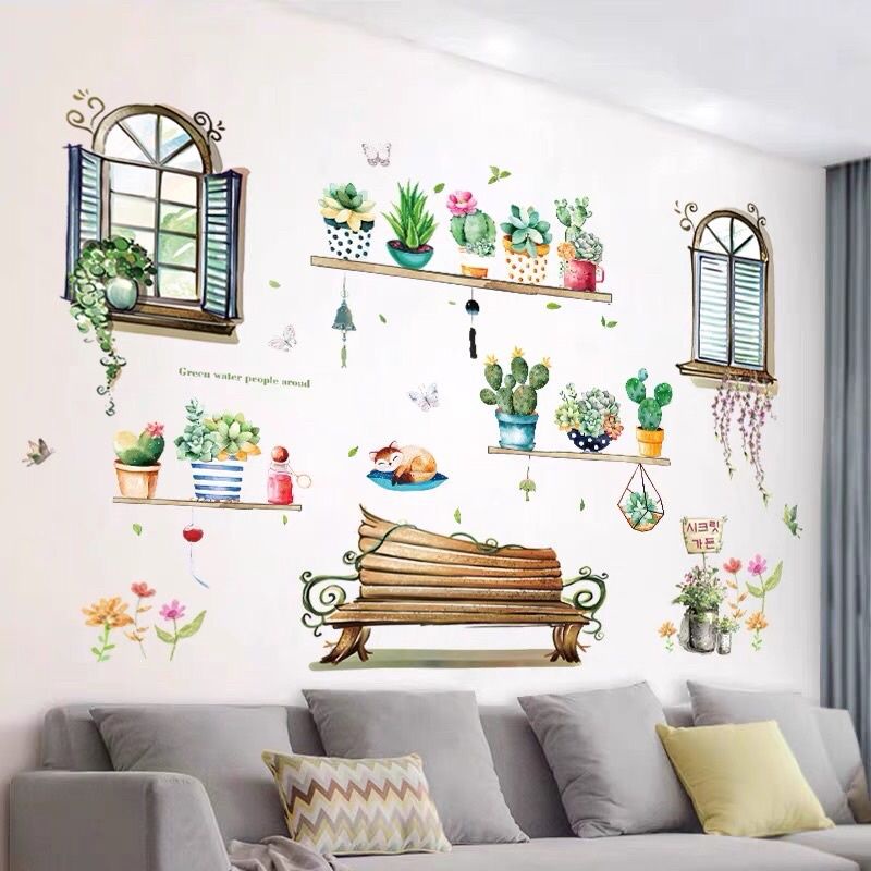Decal dán tường kệ cây và mèo bên cửa sổ