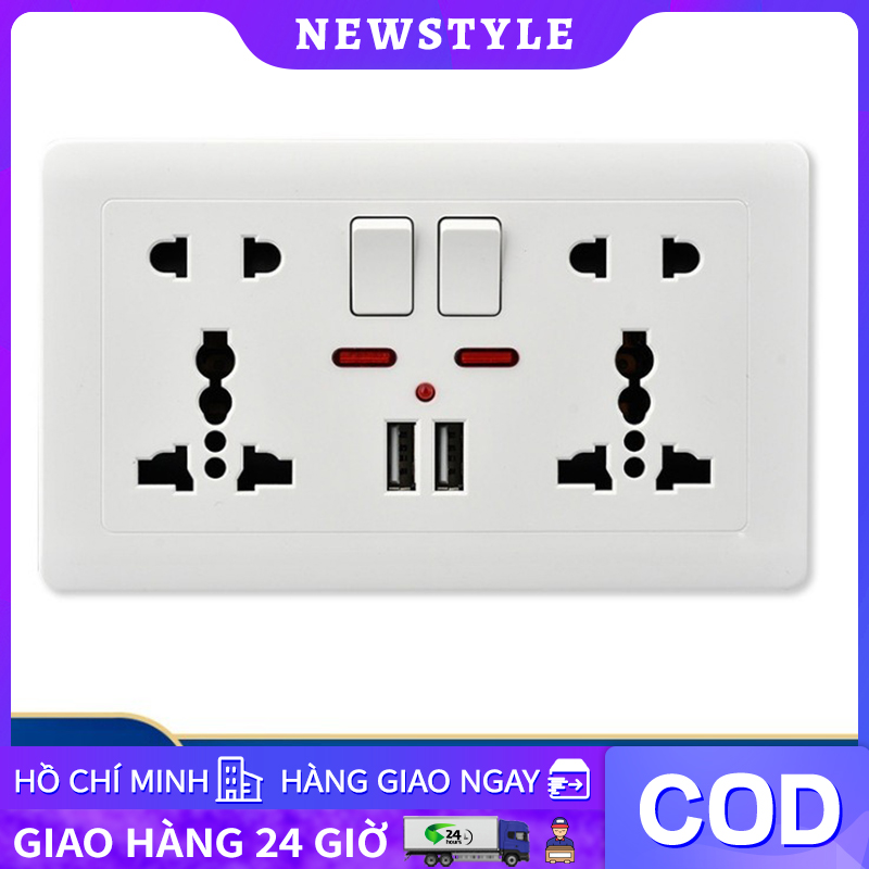 Ổ cắm điện âm tường đa năng 2 cổng USB 2.1A có công tắc màu Trắng tặng Đế âm tường