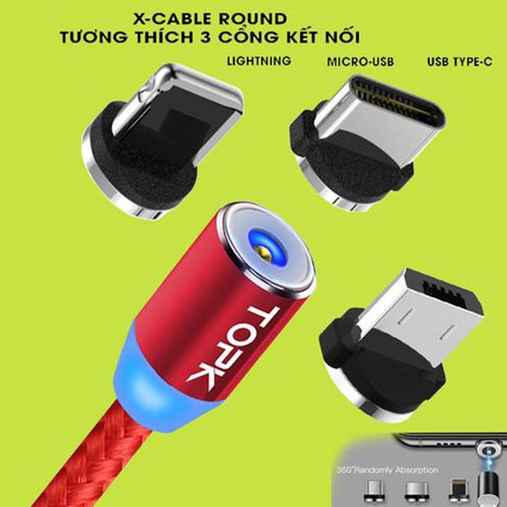 Cáp sạc từ hít nam châm 3 đầu Android và iPhone 360 độ dây dù