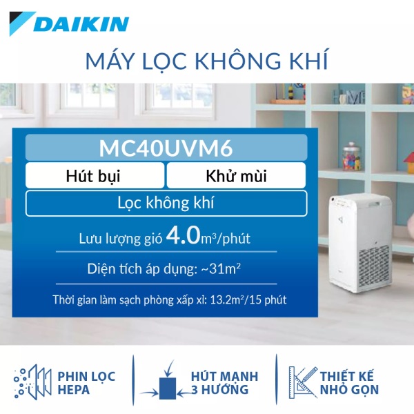 Máy Lọc không khí Daikin MC40UVM6 - Phù hợp phòng 31m2 - Công nghệ Streamer độc quyền - Phin lọc tĩnh điện Hepa - Hút gió 3 hướng - Vận hành êm ái - Thiết kế nhỏ gọn - Hàng chính hãng