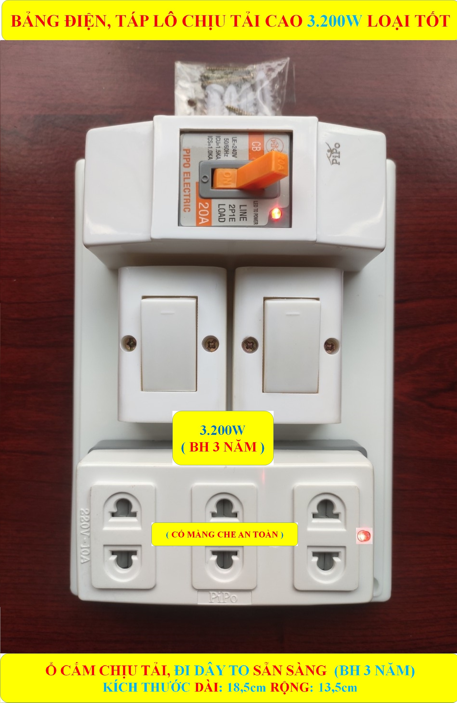 Bảng điện, Táp lô 3.200W LOẠI TỐT + + CB atomat 20A chống quá tải + 2/3 Công tắc + CÓ MÀNG CHE AN TOÀN + Ổ cắm lò xo bung chống giãn + Đi dây TO sẵn sàng + Bộ ốc vít lắp đặt