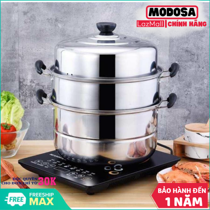 Nồi hấp modosa 3 tầng đường kính 28cm dùng trên mọi loại bếp, nồi hấp kiêm nồi luộc gà inox 3 tầng - sz 28cm