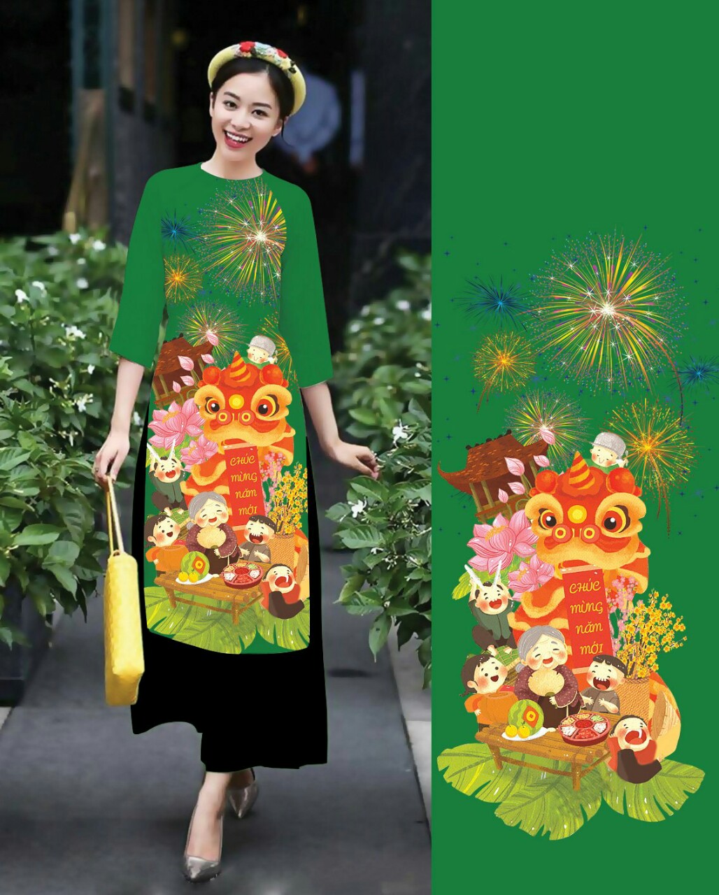 [HCM]Áo dài cách tân in TẾT ĐOÀN VIÊN  cao cấp - KHÔNG KÈM QUẦN