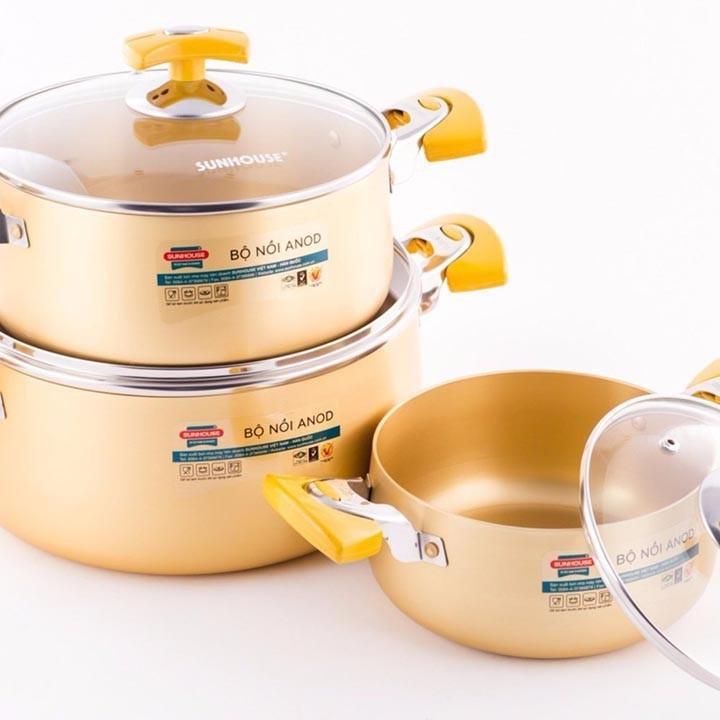 Bộ nồi Sunhouse màu vàng mã 6634 - Bộ nồi anod sunhouse 6634 màu vàng đồng-SH6634