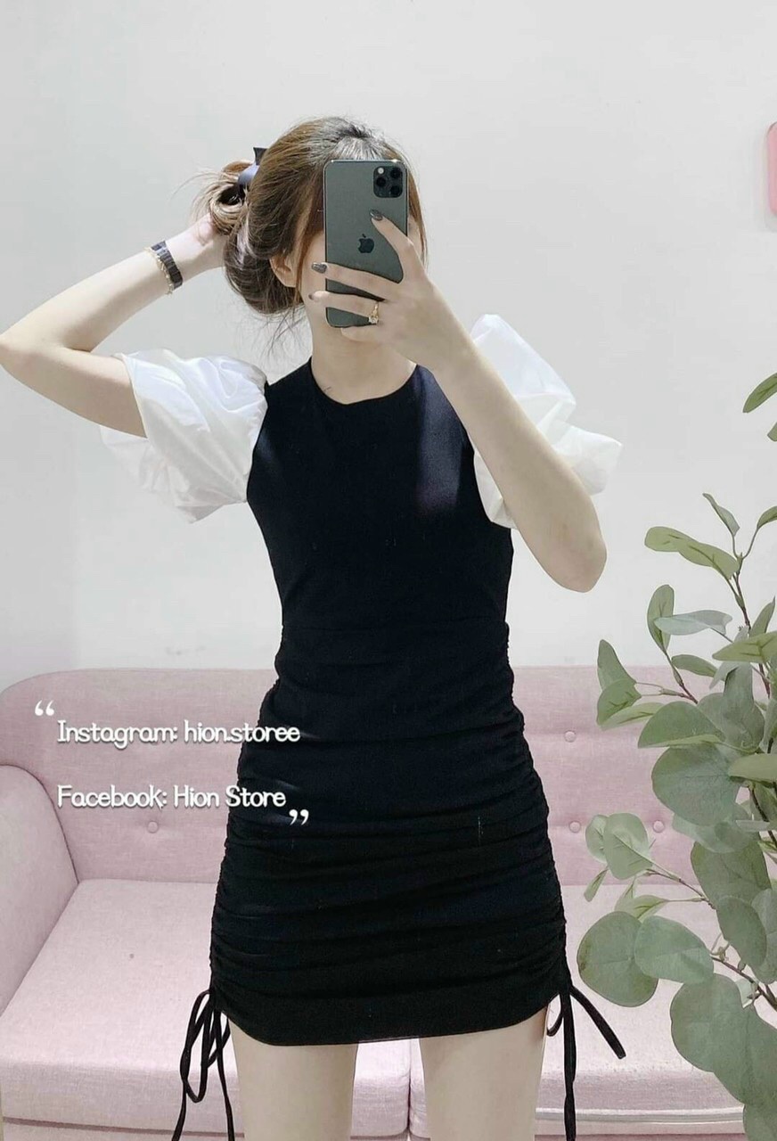Đầm body phối tay phồng siêu xinh chân váy xếp ly kết hợp rút dây siêu gợi cảm.qc