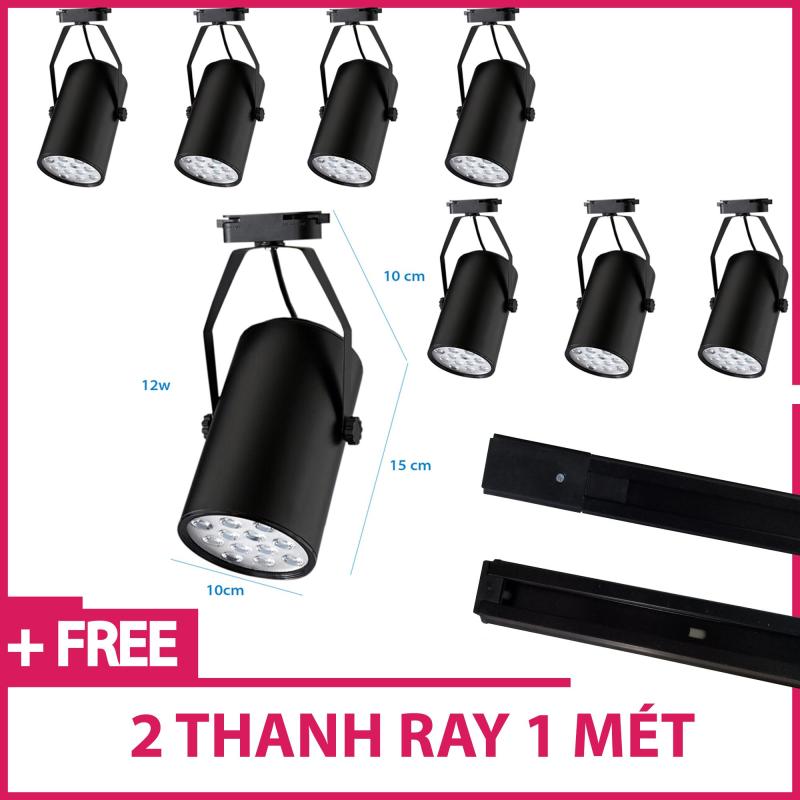 Bộ 8 đèn led rọi thanh ray 12w vỏ đen ánh sáng trắng /vàng và 2 thanh ray 1 mét đen