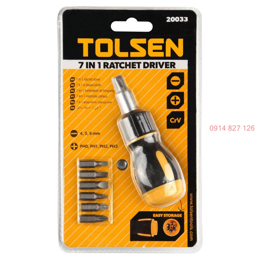 Bộ tô vít lùn tự động đa năng 7 trong 1 tolsen 20033, 7 đầu dẹp và bake, thép cr-v, bh 12 tháng, bộ tua vít