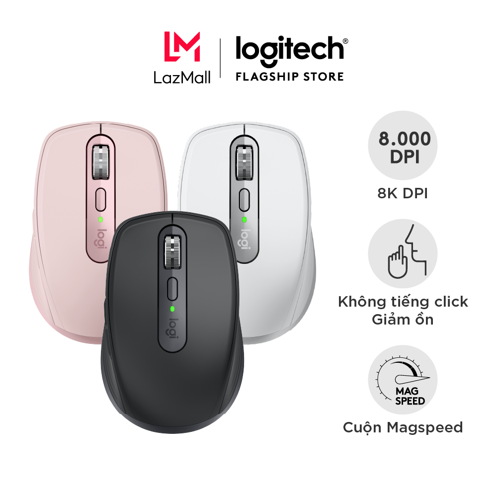Chuột không dây Logitech MX Anywhere 3S Silent - Cuộn nhanh, 8000 DPI, lướt trên mọi bề mặt, USB C, Bluetooth, Windows PC, Linux, Chrome, Mac