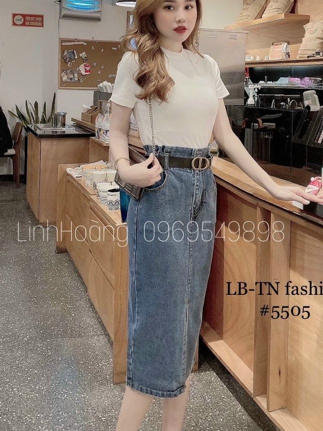 CHÂN VÁY BÒ DÀI CẠP CAO LƯNG THUN KÈM DÂY LƯNG