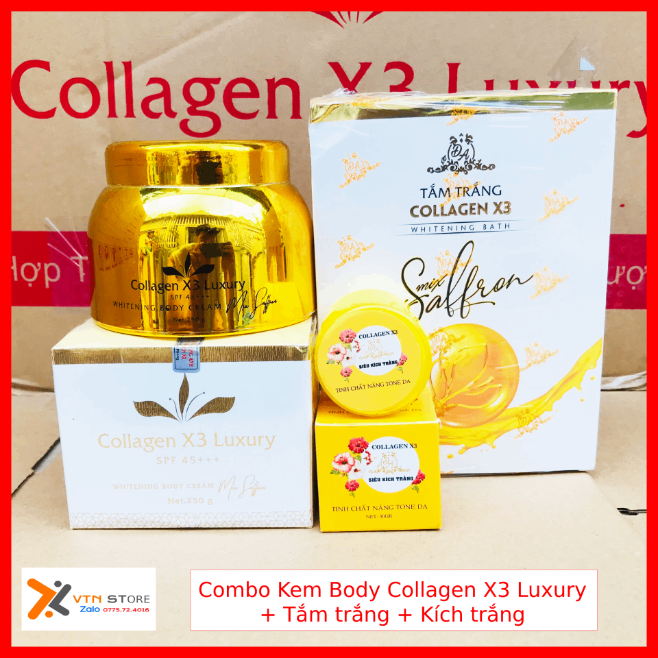 Combo Kem Body Collagen X3 Luxury + Kích trắng X3 + Tắm trắng Collagen X3 Chính Hãng Đông Anh