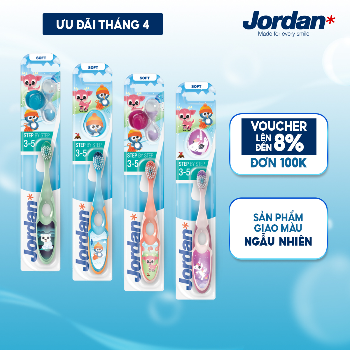 [Giao màu ngẫu nhiên] Combo 4 Bàn chải đánh răng Jordan trẻ em lông tơ mềm bước 2 (step 2) cho bé 3-5 tuổi, xuất xứ Na Uy