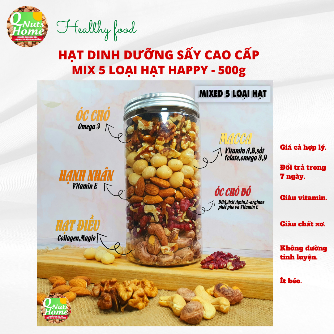 HAPPY Roasted Mixed 5 kinds of special nuts QNuts Home 500g - Snacks, good for pregnancy, E vitamin, calcium, omega 3, acid folic Best seller