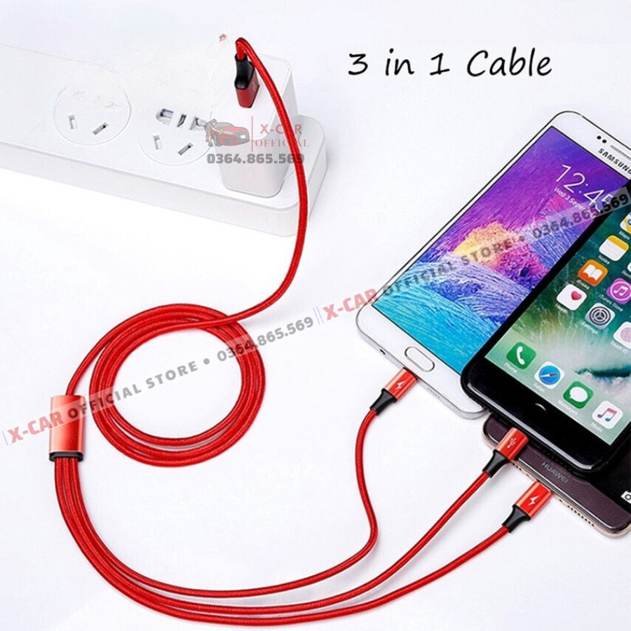 Dây Sạc 3 Đầu Type C, Lightning, Micro USB Siêu Bền Tích Hợp Công Nghệ