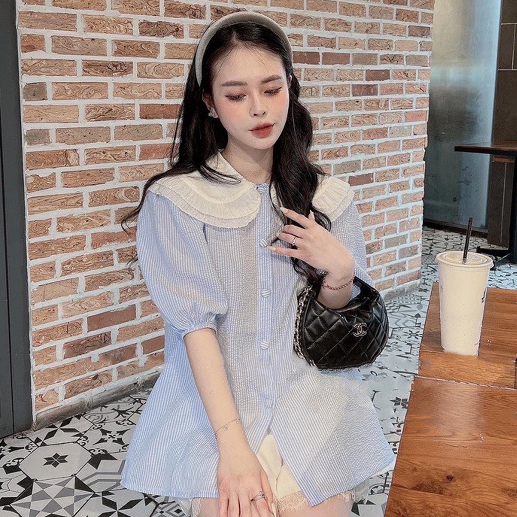 Áo Sơ Mi Sọc Cổ Bèo Tay Ngắn