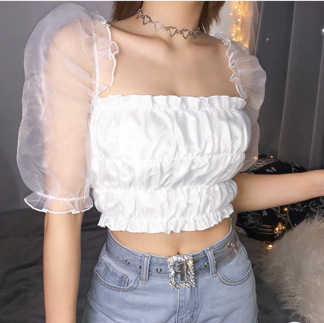 Áo kiểu dáng nhỏ xíu croptop,áo kiểu thân Kate phối tay voan kiếng,áo croptop