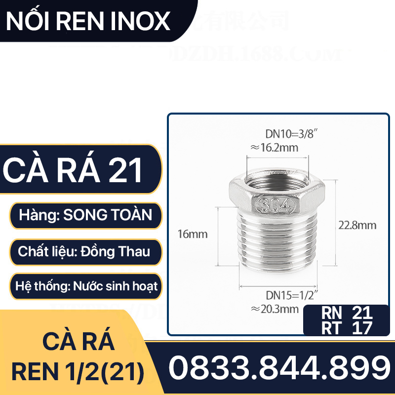 Cà Rá Inox 21, Nối Ren Ngoài Ren Trong Inox SUS 304 - Lơ Thu Ren Inox 21