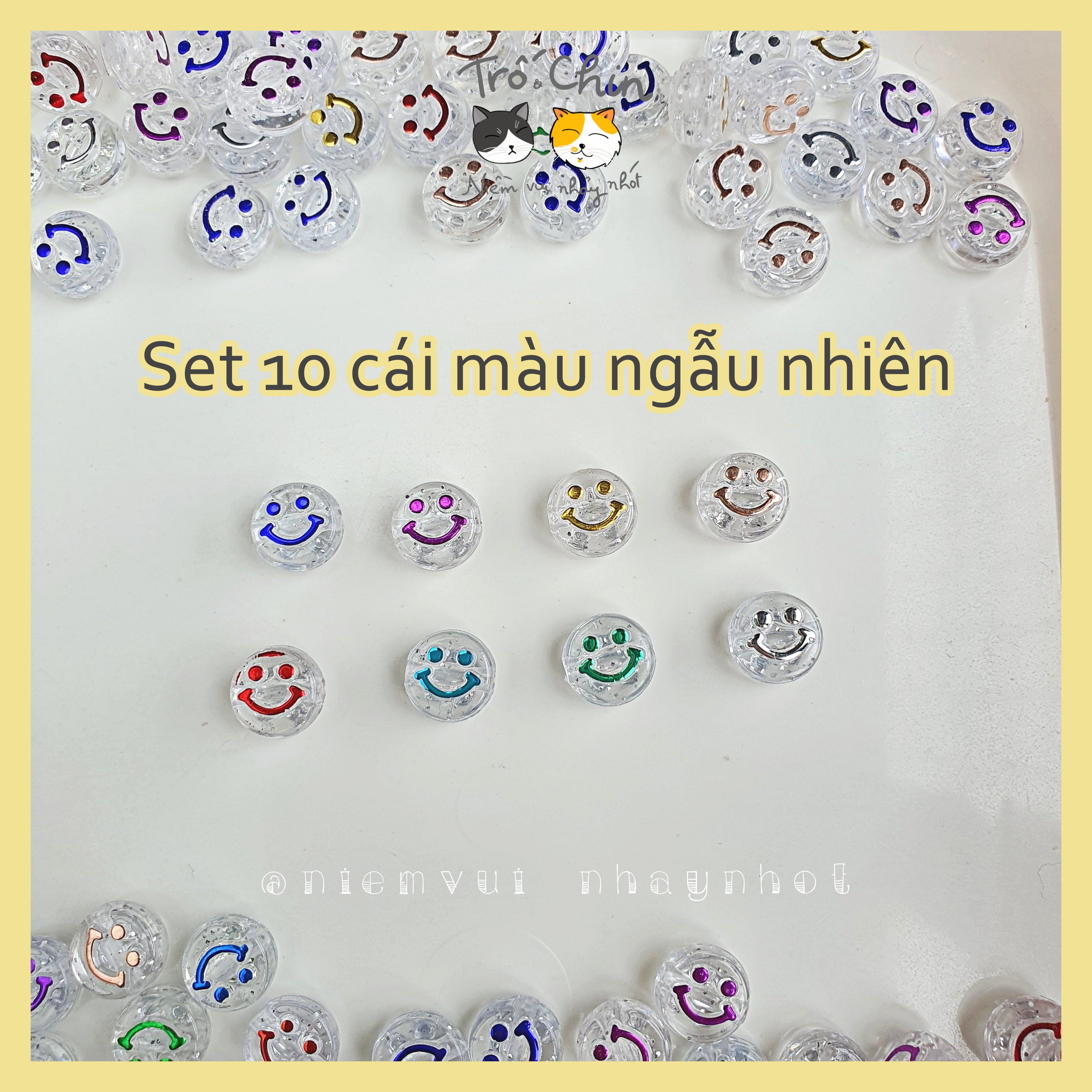 Set 10 charm mặt cười dạng đồng xu và dạng hạt, nhiều màu để chọn lựa