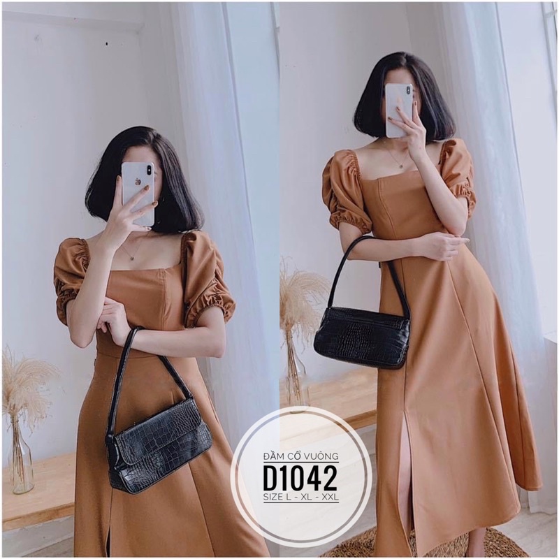 (60-90kg) BIGSIZE Bigsize Đầm cổ vuông xẻ tà