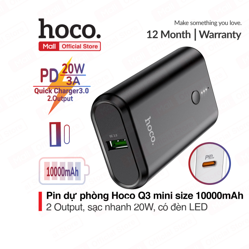Pin sạc dự phòng Hoco Q3 Mini Size, 2 output ( USB + Type-C ), sạc nhanh PD20W/3A, có đèn LED