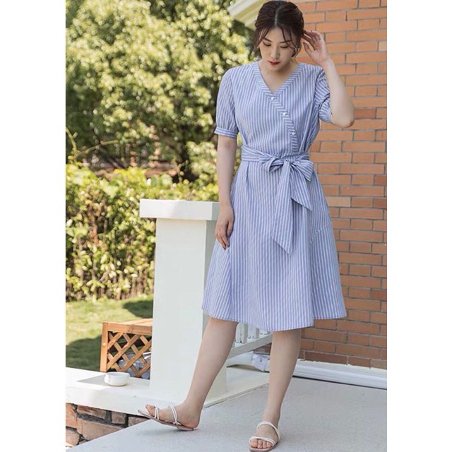Đầm sọc xanh thắt eo v2
