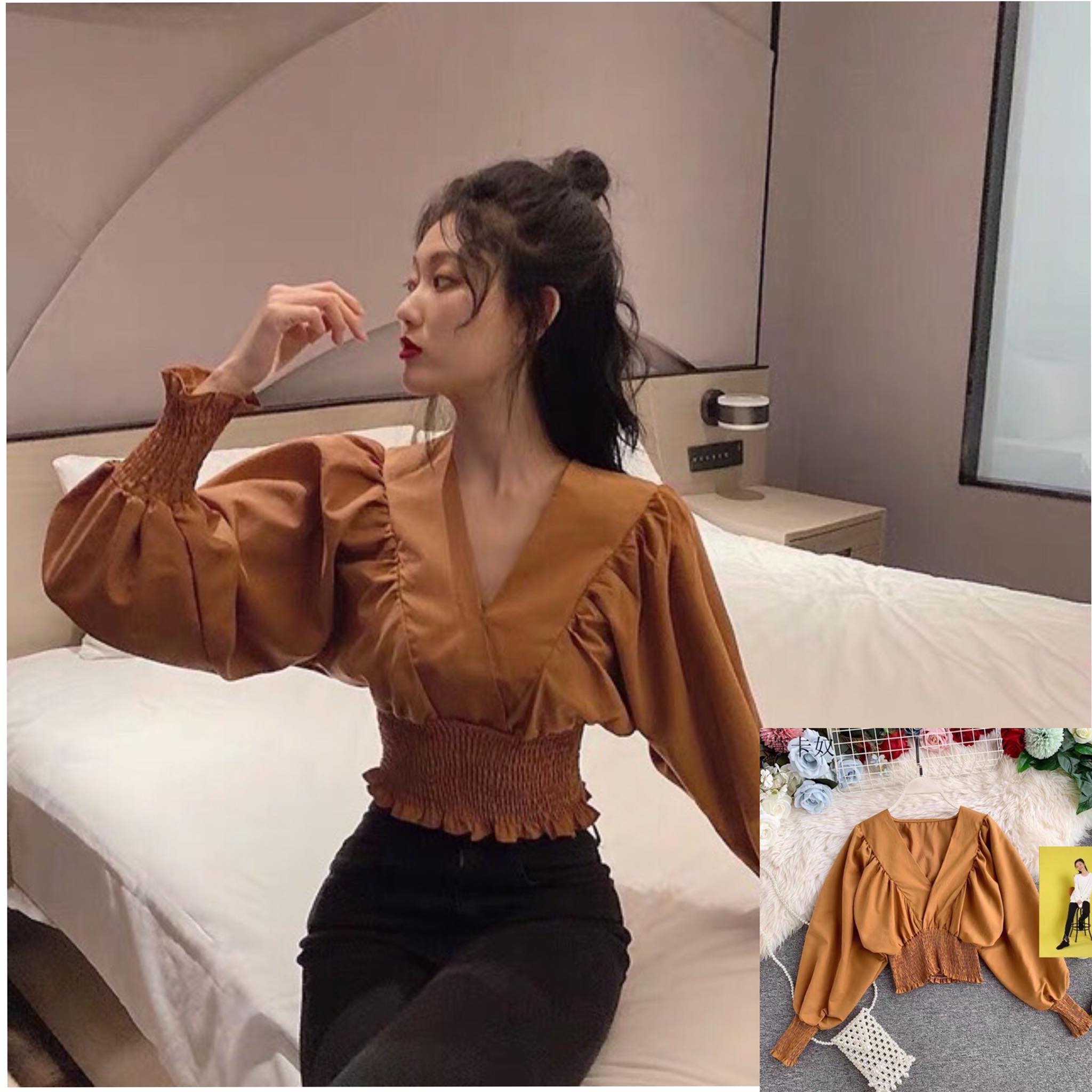 Áo kiểu croptop🍁Áo nhúm eo tay dài ống bo🍁