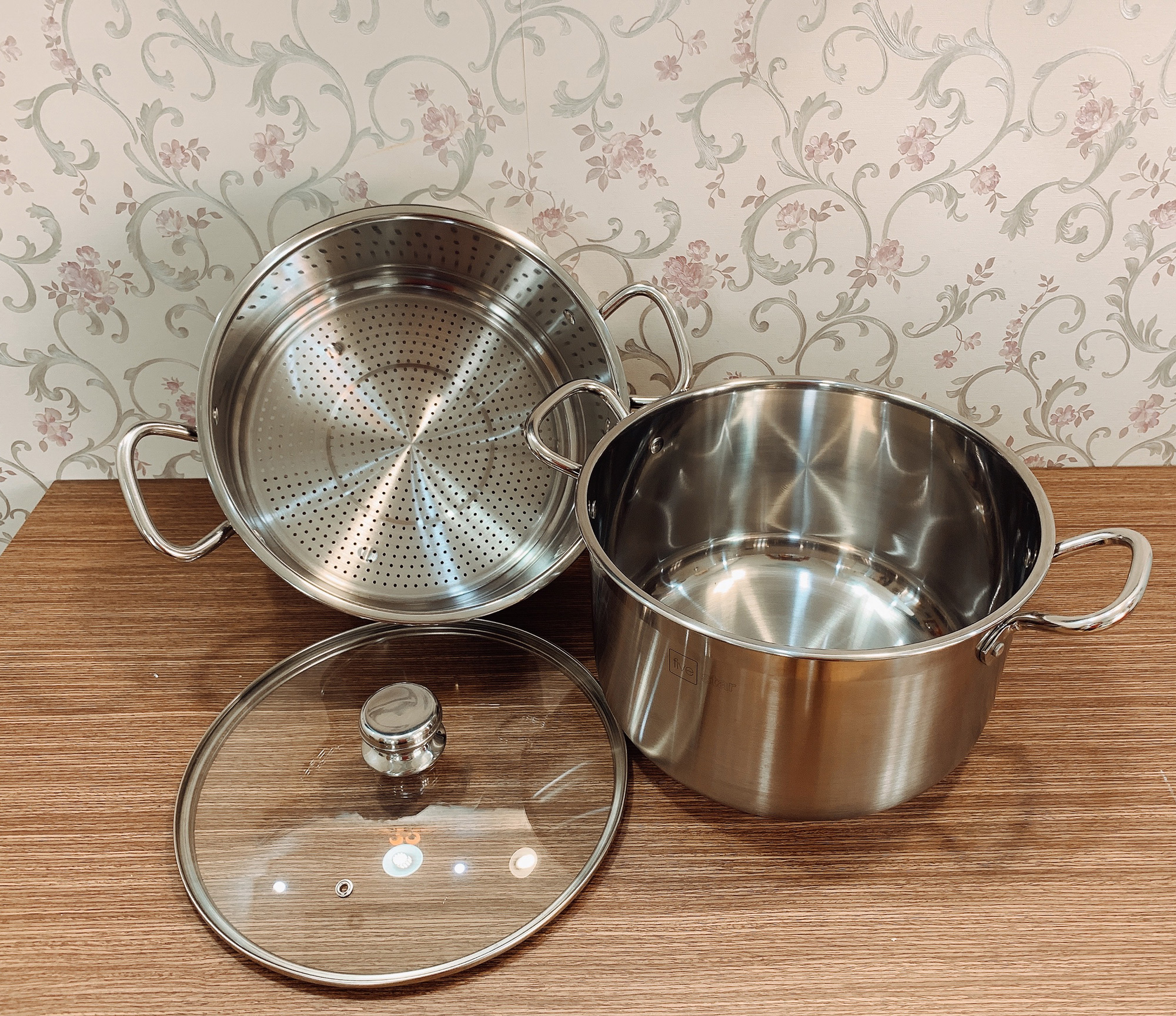 Bộ nồi xửng hấp FiveStar Standard inox 430 , 3 đáy , nắp kính, tặng 1 vá canh ( 24cm / 26cm / 28cm / 30cm / 32cm ), dùng được bếp từ , hồng ngoại , gas