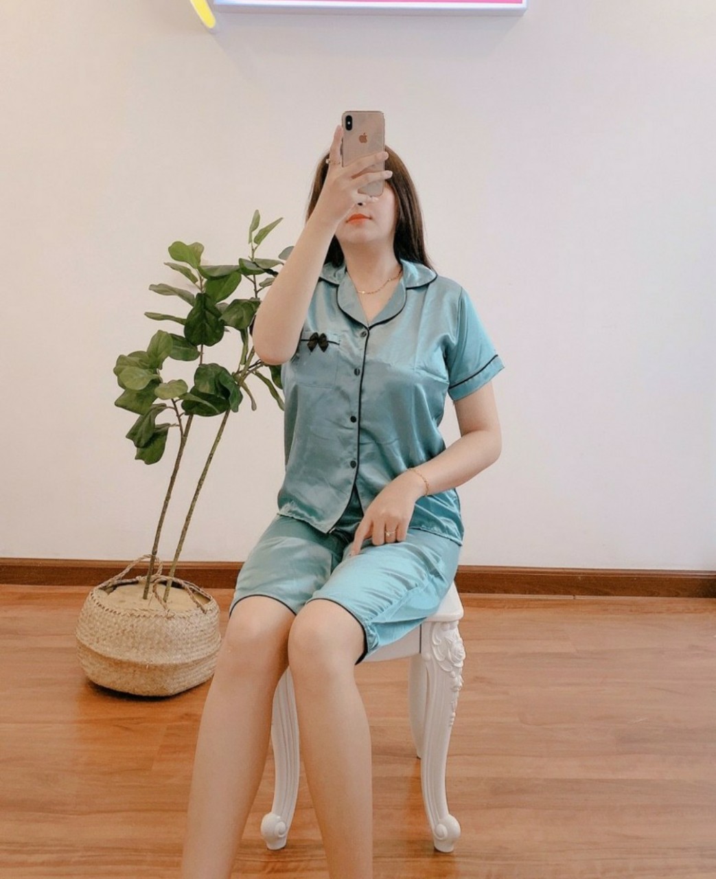Đồ bộ pizama phi lụa lửng nơ mặc nhà