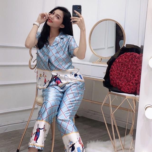 Pijama lụa satin , đồ mặc nhà nữ in 3D lính chì