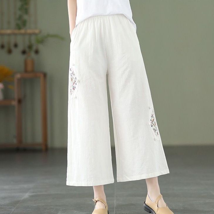 Quần ống Rộng Nữ Bông Và Lanh Thêu Dân Tộc Quần Baggy Nữ Lưng Cao Khóa Văn Học Cổ điển Quần âu