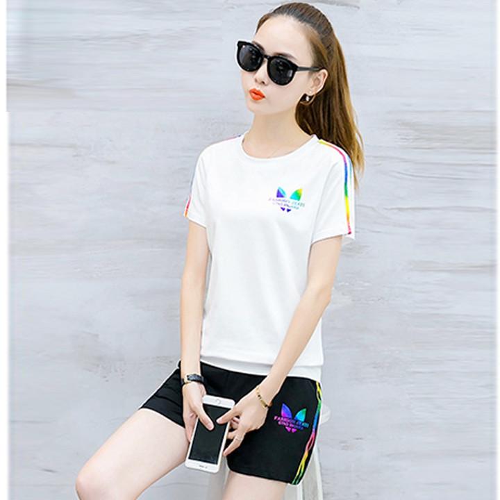 [HCM]BỘ ĐỒ ADIDAS NGẮN NỮ LOGO SỌC PHẢN QUANG