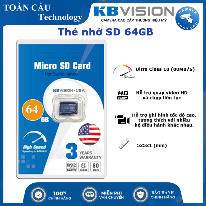 [100% CHÍNH HÃNG] Thẻ Nhớ Micro SD KBVISION 64GB - Tốc độ đọc lên tới Class 10 - Camera Toàn Cầu